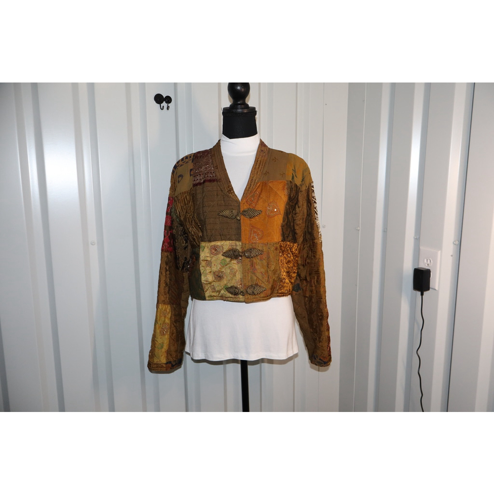 Celeste Women's Silk Blend Patchwork Jacket Size Small/Medium Brown Gold Cropped